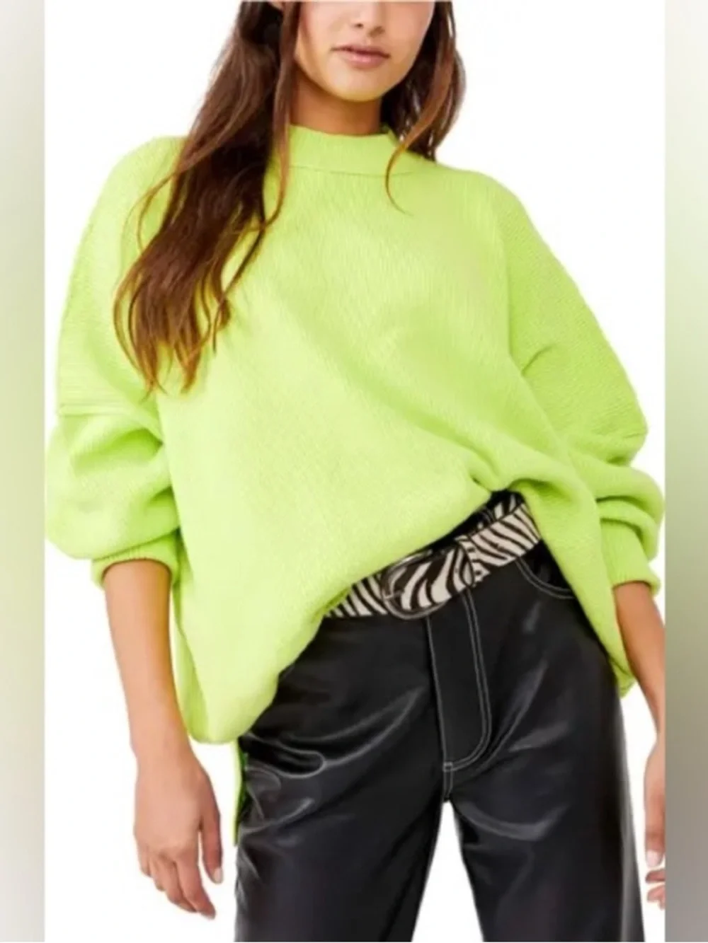 Free People Easy Street Bright Lime Green Oversized Slouchy Sweater- S